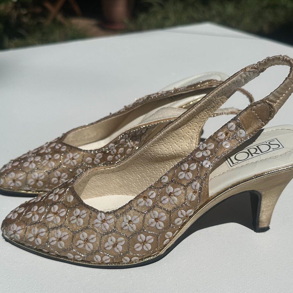 Sz 6 Hand-dyed Ecru Ballet Satin Flower Sequinned Sling-back 3" Heels